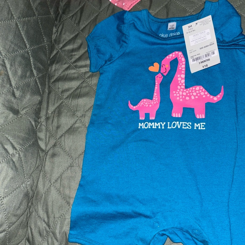 Blue Mommy Loves Me okie dokie baby onesie with Pink mommy & baby dinosaur